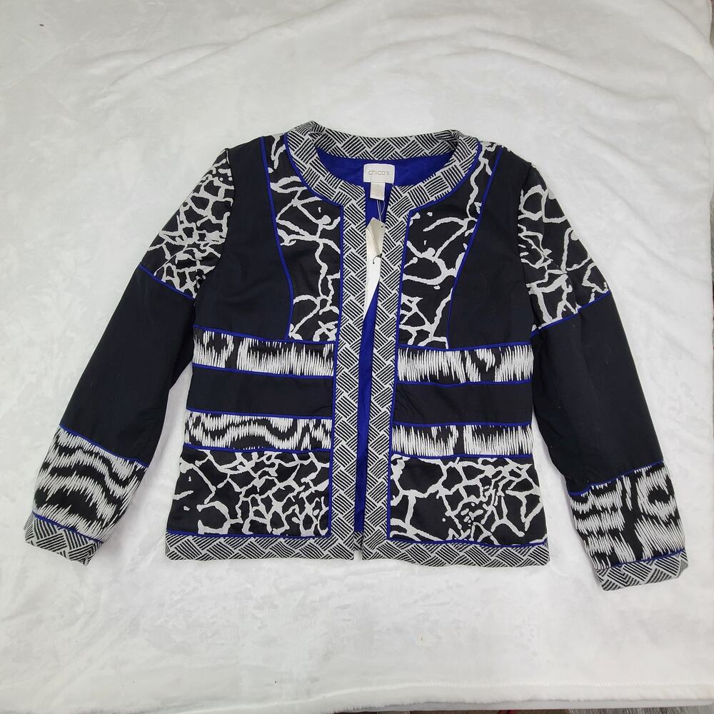 Chico's Artisan Jacquard Blocked Pattern Jacket Black Blue NWT Bohemian 1 (M)